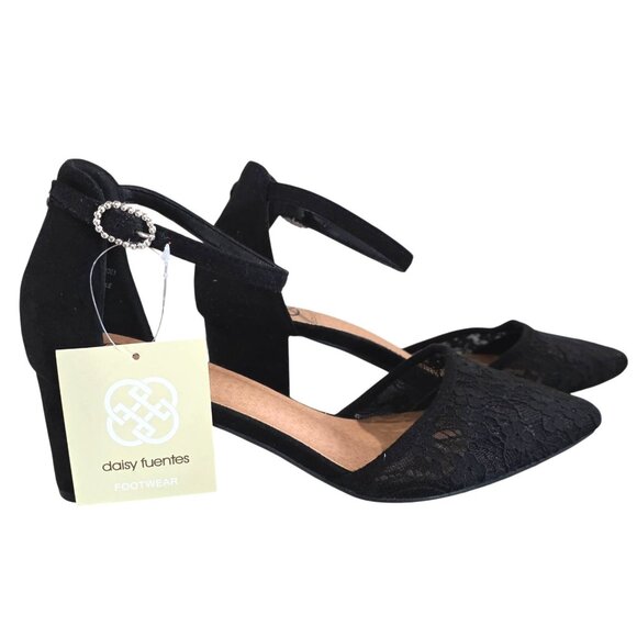 Daisy Fuentes Womens Black Lace Pointed-Toe Block Heels With Ankle Strap 8.5 - Picture 2 of 10
